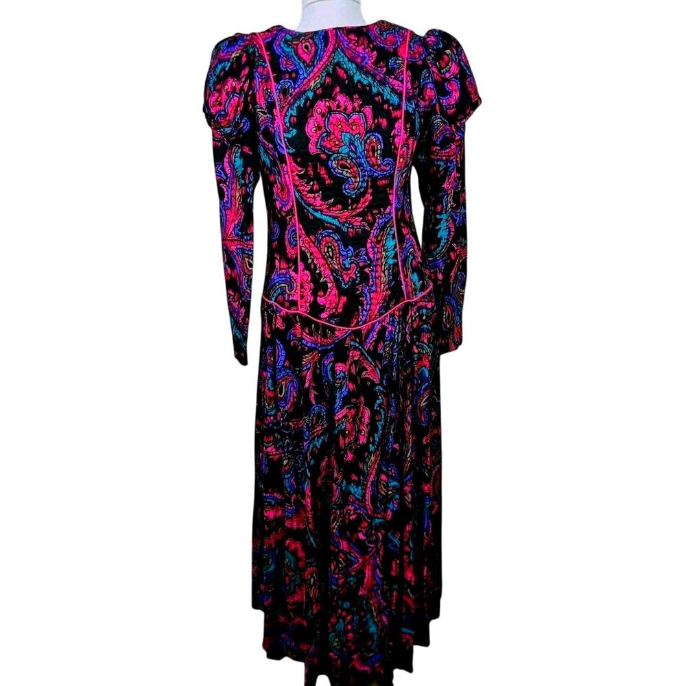 Whimsigoth Vintage 80s Paisley Maxi Dress 14 Basque Waist Puff Sleeves Quilted